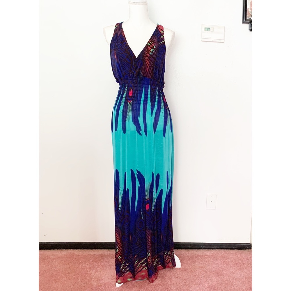 Multi color Peacock print Maxi Dress Size XXL - Picture 2 of 10